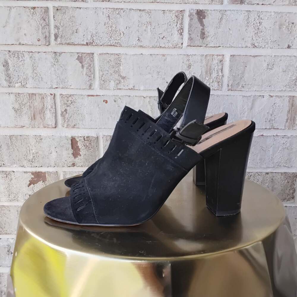Tahari Maya Black Faux Suede Open Toe Slingback Block Heels